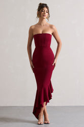 Berry Strapless Corset Asymmetric Maxi Dress